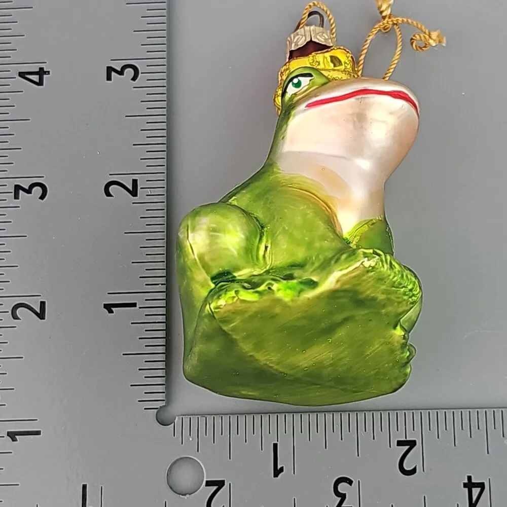 Blown Glass Frog Christmas Ornament Light Green Crown 3 inch